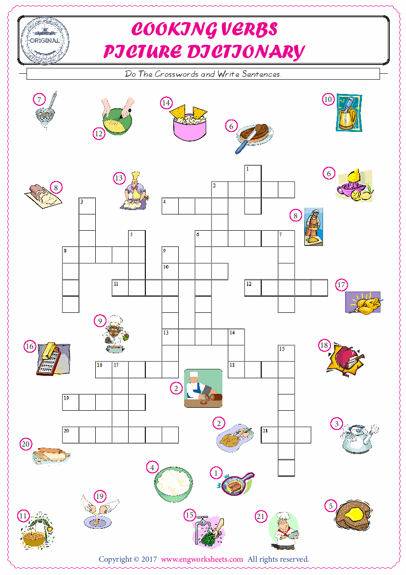  ESL printable worksheet for kids, supply the missing words of the crossword by using the Cooking Verbs picture. 